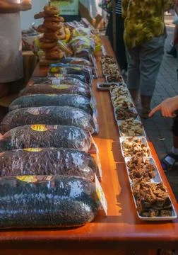 Different kinds of rye delicious bread, sold at the city fair.Riga, August 18 Stock Photos