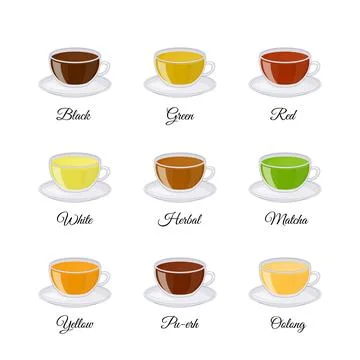 Different kinds of tea including black, green, white, matcha, pu-erh, yellow, Stock Illustration