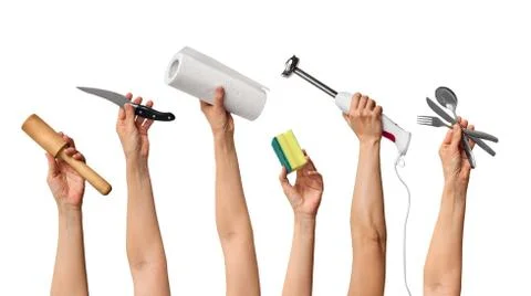 Different kitchen equipment in the hands of people Stock Photos