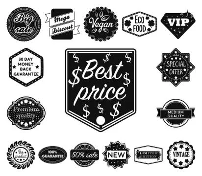 Different label black icons in set collection for design. Index and brand vector Stock Illustration