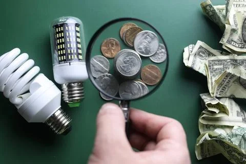 Different lamps and money stack on green table isolated different lamps an... 写真素材