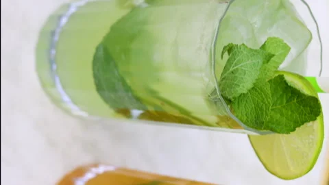Different lemonades in glass on table in cafe,pastry or restaurant Stock-Footage 276852832