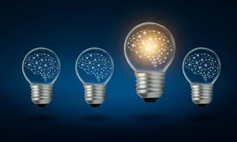 Different Light bulb idea Many bulbs are arranged in a row and one of them is Stock Photos