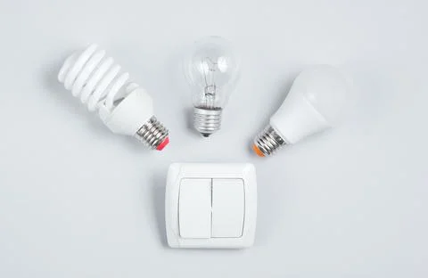 Different light bulb, switch on gray background. Minimalism electro consumer  库存照片