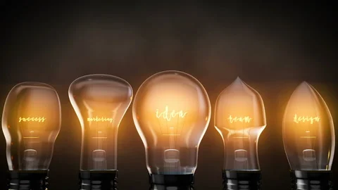 Different light bulbs idea success marketing team and design, electric turns on Stock Footage 115179755