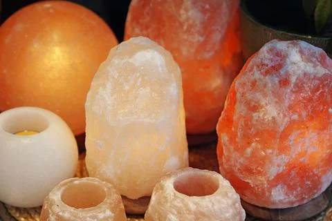Different light lanterns in salt stone Stock Photos