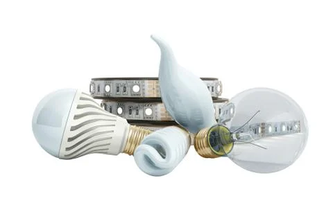 Different Lighting Bulbs set 3d render on white no shadow background Stock Illustration