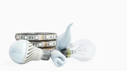 Different Lighting Bulbs set 3d render on white no shadow background Stock Illustration