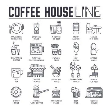 Different line-drawn icons dedicated to food and coffee house. Layout modern Stock Illustration