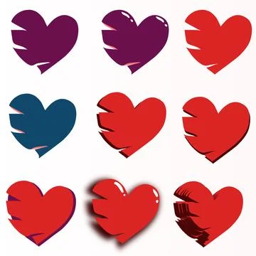 Different logos torn heart red fine and purple color on transparent background Stock Illustration