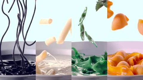 Different macaroni products fall on separate frames Stock Photos