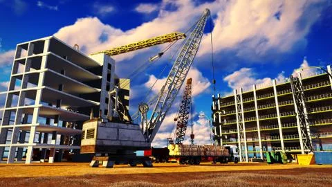 Different machinery at construction site Stock Illustration