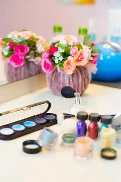Different makeup items on the table Foto stock