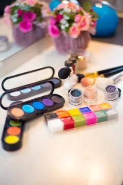 Different makeup items on the table Stock Photos