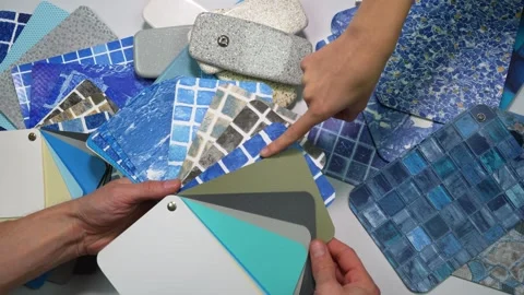 Different materials for covering the pool. Designer offers pool liner samples Stock Footage 290793846