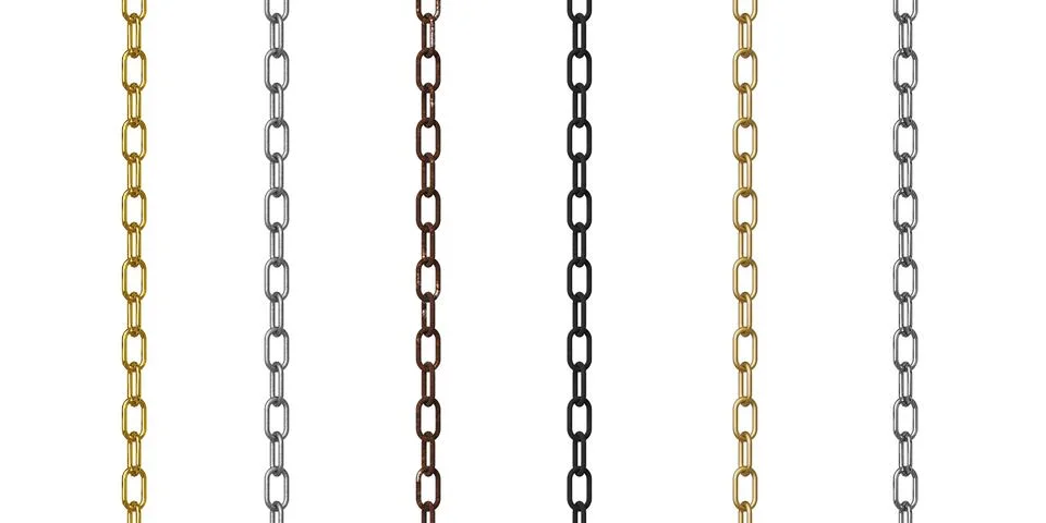 Different materials vertical hanging metal chains isolated on white backgroun Stock Illustration
