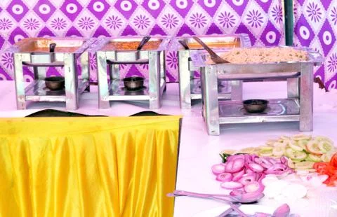 Different meals for the guests on the wedding table Stock Photos