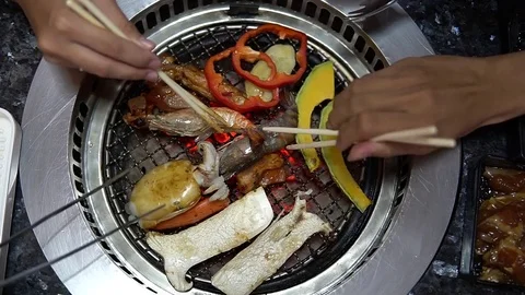 Different meat and beef for Bar B Que buffe grill in buffet restaurant Stock Footage 77432308