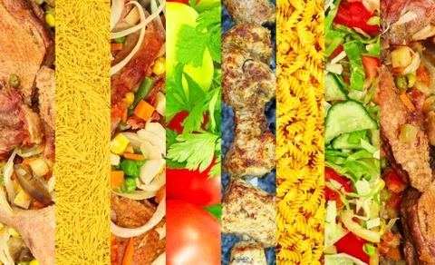 Different meat and vegetable image collage.food background. Stock Photos