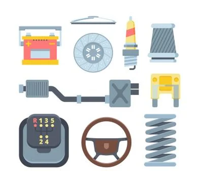Different mechanical car parts flat illustrations set Illustrazione stock