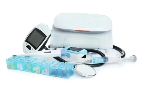 Different medical objects on white background. Health care Stock Photos