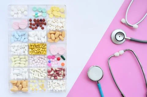 Different medication with stethoscope Stock Photos