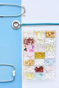 Different medication with stethoscope Foto stock