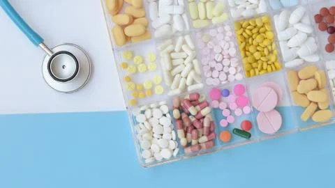 Different medication with stethoscope Stock-Fotos