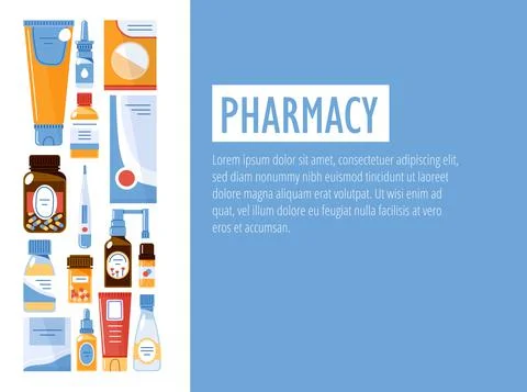 Different medicine products on left side.Flat vector Stock Illustration
