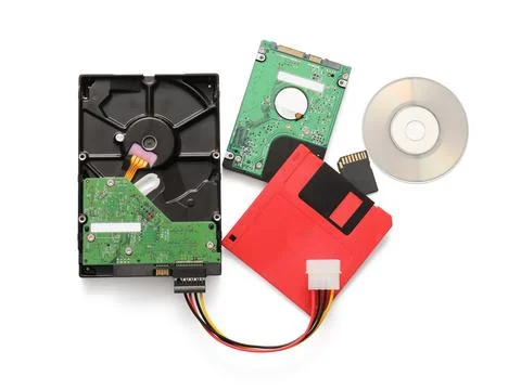 Different memory storage devices on white background Stock Photos