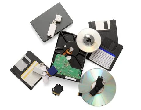 Different memory storage devices on white background Stock Photos