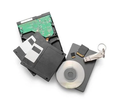 Different memory storage devices on white background Stock Photos