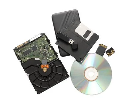 Different memory storage devices on white background Stock Photos