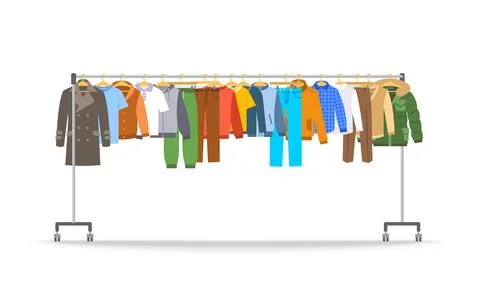 Different men clothes on long rolling hanger rack Stock Illustration