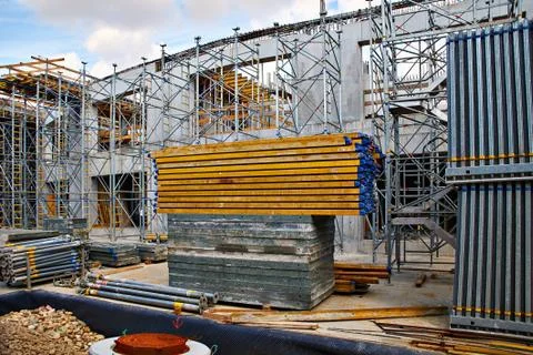 Different metal materials at construction site Stock Photos