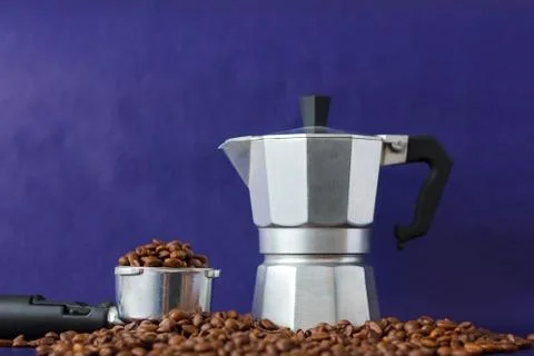 Different Methods of Coffee Preparation on the Violet Background. Moka Pot vs Stock Photos