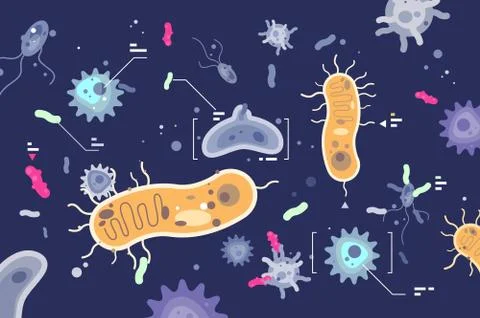 Different microbes bacterias microscopic world Stock Illustration