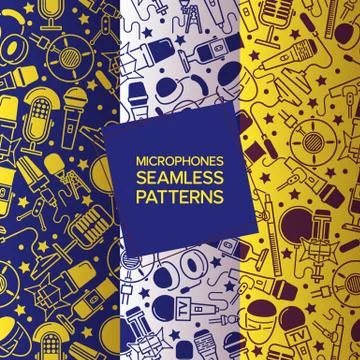 Different microphones set of seamless patterns vector illustration. Music Stock Illustration