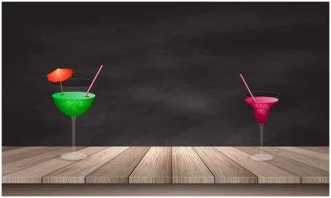 Different mocktail glasses on wooden table Illustrazione stock