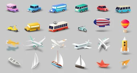 Different mode of transport isometric vector illustration set Stock Illustration