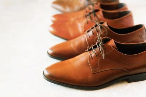 Different models and brown colors of shoes on gay background. Selective focus Stock Photos