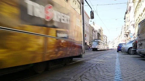 Different models of modern trams on the streets of Prague Stock Footage 73141842