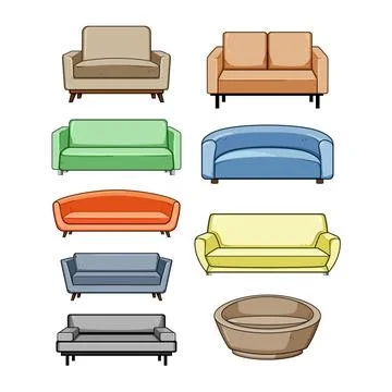 Different modern and classic sofas illustrating furniture variety Stock Illustration