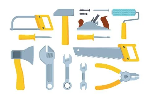 Different modern construction tools flat illustration set Stock Illustration