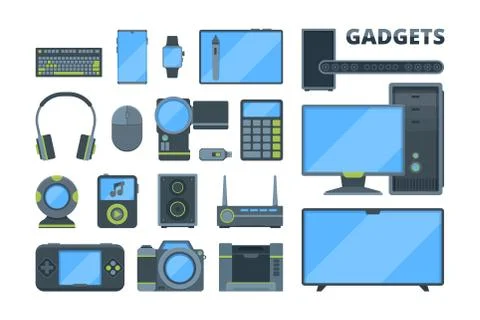 Different modern electronic devices flat illustrations set Stock Illustration
