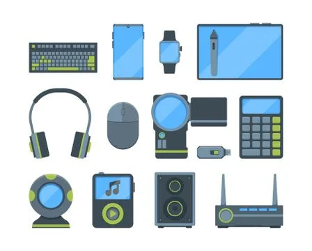 Different modern electronic gadgets flat illustrations set Stock Illustration