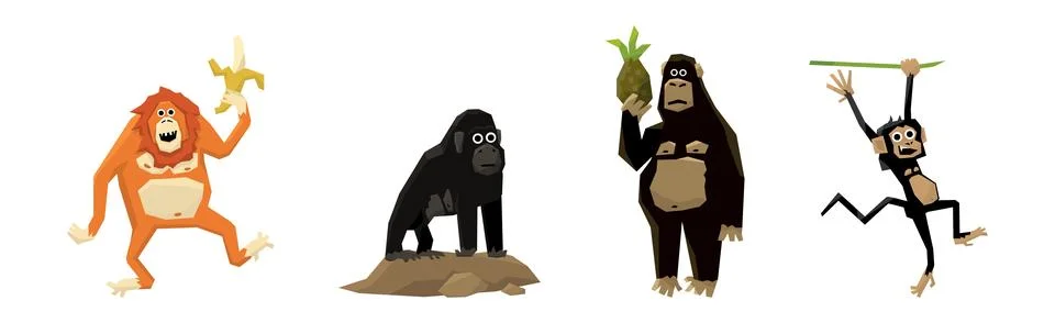 Different Monkey Animal with Long Tail Vector Set Stock Illustration