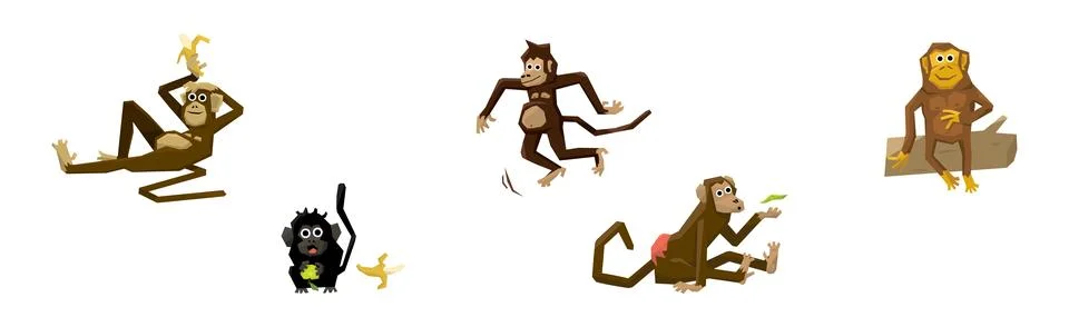 Different Monkey Animal with Long Tail Vector Set Stock Illustration