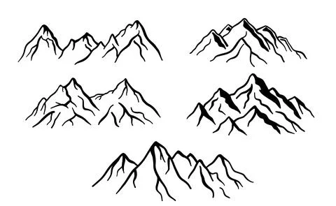 Different mountain ranges silhouette set. Collection of line drawing mountains Stock Illustration