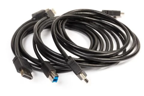 Different multimedia and computers interface cables closeup in selective focu Stock Photos